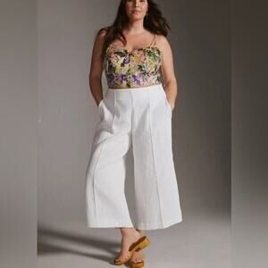 Anthropologie Maeve Pintucked Wide Leg Cropped Pants Women's White Size 8